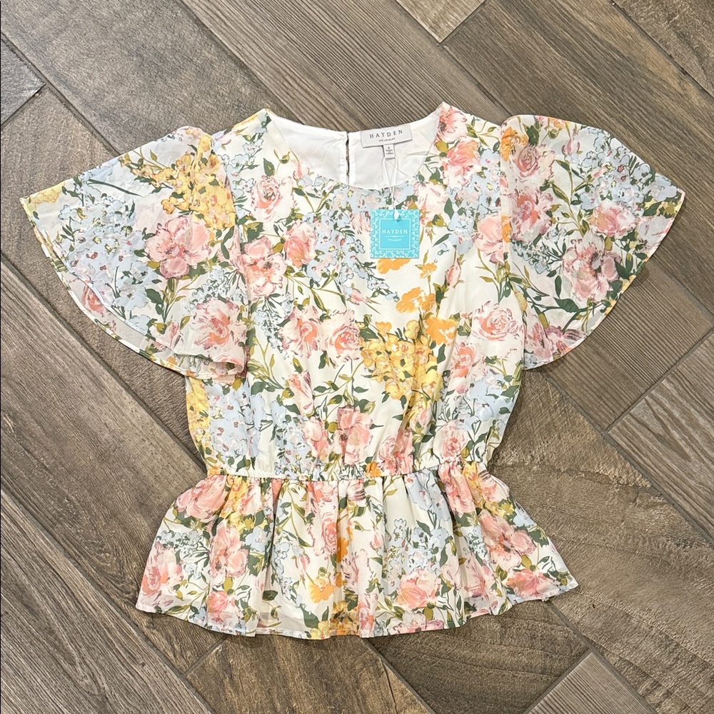 Hayden Floral Peplum Blouse Small NWT Flutter Sleeve Cottagecore Romantic Top - Picture 4 of 9